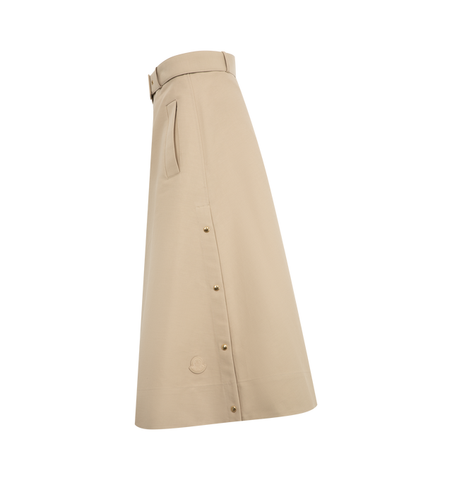Image 3 of 3 - BROWN - MONCLER Cotton Midi Skirt featuring double cotton, detachable belt, zipper closure, side pockets, adjustable side slits and leather logo patch. 100% cotton. 