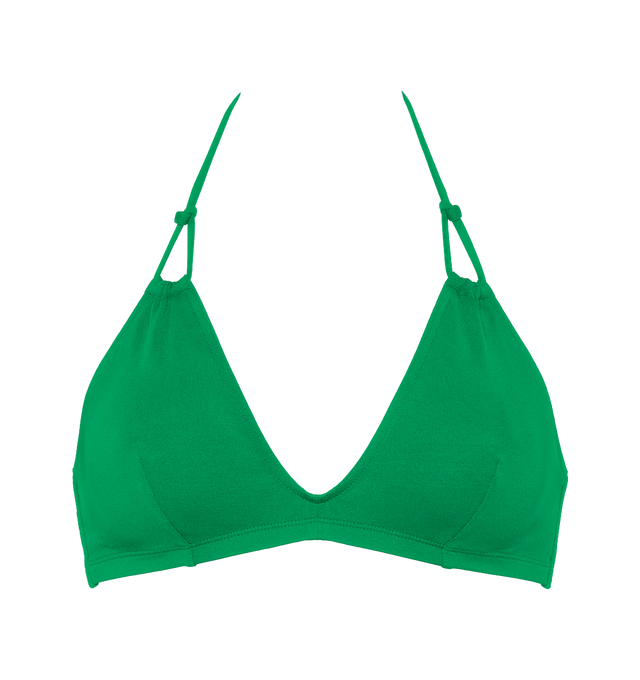Image 1 of 5 - GREEN - ERES Remix Full-Cup Triangle Bikini Top featuring full-cup triangle bikini top, halter tie spaghetti straps with branded tips, front knotted loops, bust darts, side stays and branded clasp. 84% Polyamid, 16% Spandex. Made in Morocco. 