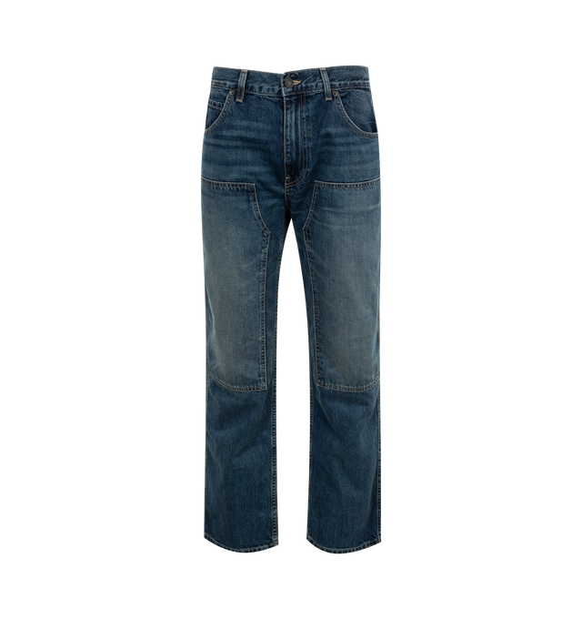 Image 1 of 3 - BLUE - NILI LOTAN Welder Jean featuring non-stretch denim, mid-rise, straight leg, classic welder detailing, five pocket detail and zip fly. 100% cotton. Made in USA.  