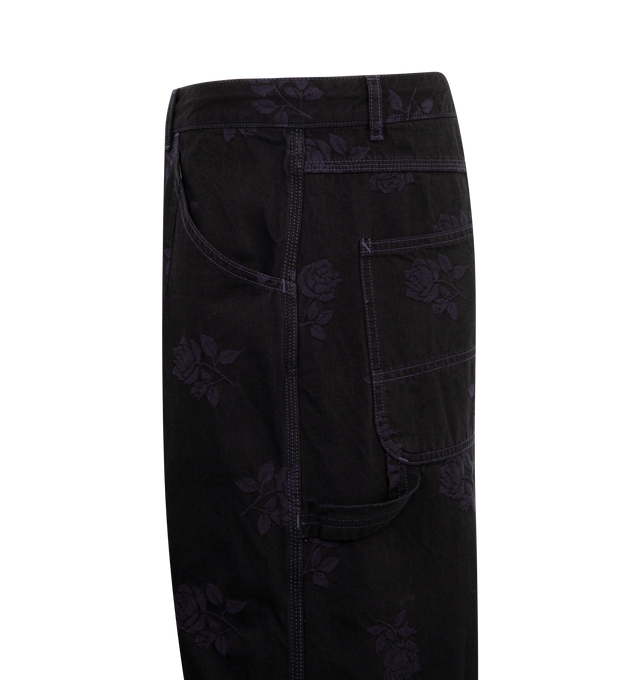 Image 3 of 3 - BLACK - Needles HD Jacquard Rose Painter Pants are a 5-pocket style with a zip and button fly, a drawstring closure, rear patch pockets, side pockets, a hammer loop, and other pockets. 100% cotton. Made in Japan.  