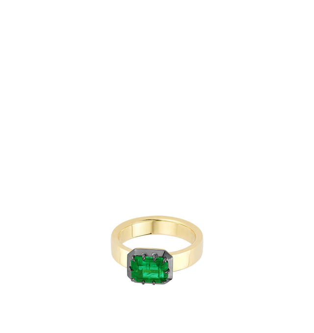 Image 1 of 2 - GOLD - JEMMA WYNNE Blair Horizontal Emerald Ring featuring One of a Kind, 18k Yellow Gold with Black Rhodium, Fine Colombian Emerald - 1.7cts and Band Width - 4.5mm. Hirshleifers offers a range of initial pieces from this collection in-store. For personal consultation and detailed information about jewelry, please contact our dedicated stylist team at personalshopping@hirshleifers.com. This item may be restricted for online purchase to international clients. For assistance purchasing this ite 