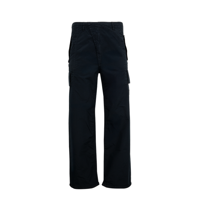 Image 1 of 4 - NAVY - C.P. Company Flatt Nylon Loose Utility Cargo Pants featuring three-pocket styling, zip-fly, cargo pocket at outseam, acetate lens at outseam, tucks at knees and logo patch at back pocket. 100% polyamide. 