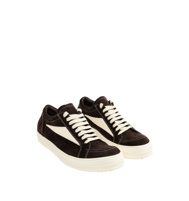 Image 2 of 5 - BROWN - Rick Owens Vintage Low-Top Sneakers are a lace-up style with graphic leather appliques and serrated soles. Velour suede and full-grain calf leather upper, lining and insole. Rubber sole.  