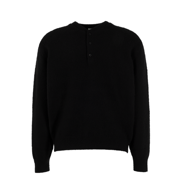 Image 1 of 2 - BLACK - A.Presse Brushed Cashmere Middle Gauge Henley Neck Sweater is crafted from brushed cashmere and features a classic Henley neckline, a medium-gauge knit construction, and a shaggy textured finish. Designed for exceptional softness and warmth, this refined pullover combines a relaxed silhouette with the luxurious feel of pure cashmere. Main Material: 100% Cashmere. Made in Japan. 