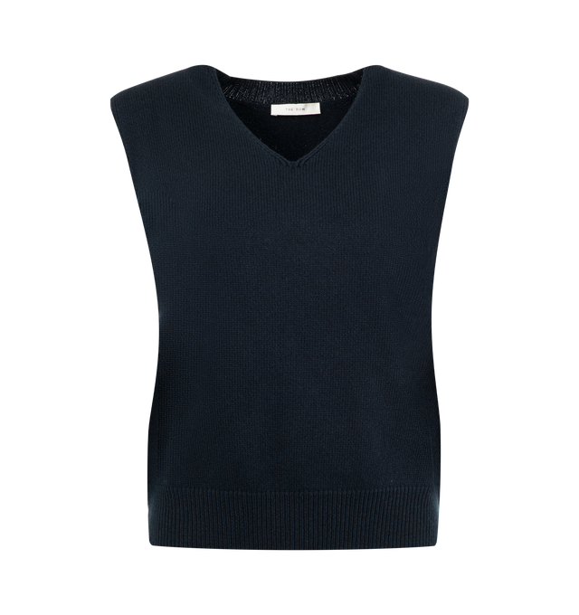 Image 1 of 2 - NAVY - THE ROW Jowen Vest featuring v neck, sleeveless, knitted and ribbed hem. Made in Italy.  