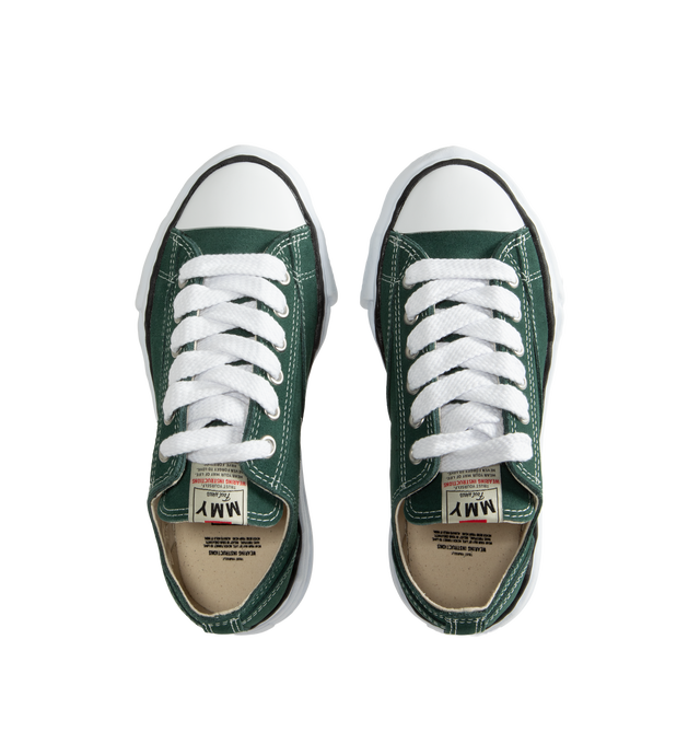 Image 5 of 5 - GREEN - Maison Mihara Yasuhiro Peterson Original Sole Suede Low-Top Sneakers are crafted from cow leather and feature the brand's signature hand-sculpted original sole, modeled in clay by designer Mihara. Designed with the classic Peterson silhouette, this low-top sneaker combines a premium leather upper with the label's distinctive artisanal sole construction. Main Material: Upper: Suede Leather. Sole: Rubber. 