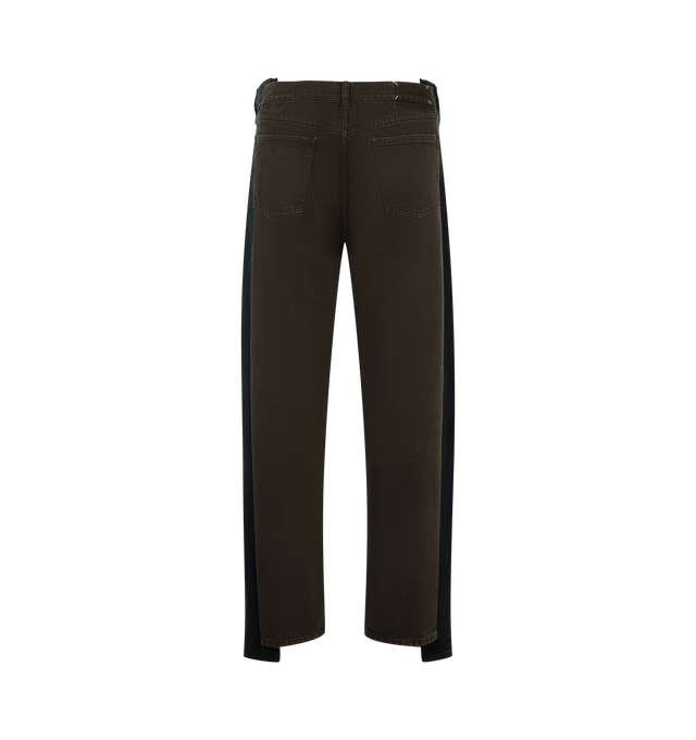 Image 2 of 3 - MULTI - Maison Margiela Men's Straight-Leg Spliced Denim Jeans are crafted from cotton denim using the brand's Assemblage technique and feature a full-length straight-leg silhouette, contrasting blue-black side panels, five-pocket construction, a zip and button closure, and the signature four white stitches at the back. This designer denim combines innovative layered construction with timeless styling for elevated everyday wear. Main Material: 100% Cotton. Made in Italy. 