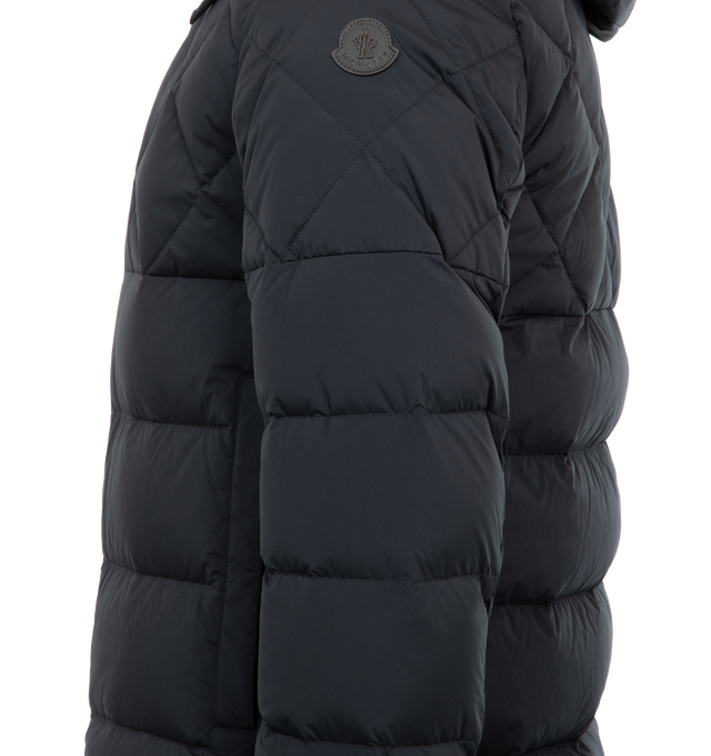 NAVY - MONCLER Cecaud Jacket featuring stretch nylon lining, down-filled, detachable and adjustable hood with snap buttons and drawstring fastening, diamond-quilted yoke, zipper closure, zipped pockets, adjustable cuffs with snap buttons and leather logo. 85% polyamide/nylon, 15% elastane/spandex. Padding: 90% down, 10% feather. 