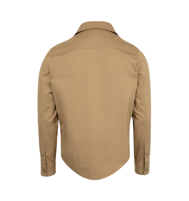 Image 3 of 6 - BROWN - Moncler Cotton Long Sleeve Shirt has a zipper and snap button closure, snap button pockets, adjustable cuffs, and a leather logo patch. 100% cotton. Made in Romania.  