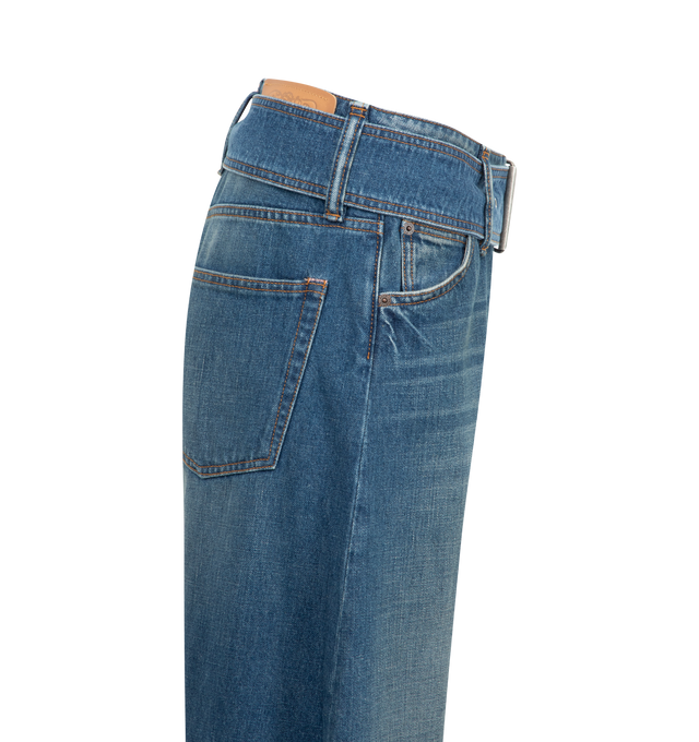 Image 3 of 3 - BLUE - ACNE STUDIOS Belted Denim Trousers featuring relaxed fit, low waist, long length,wide leg, denim buckle belt attached and zipper fly. 56% regenerative cotton, 44% cotton. 