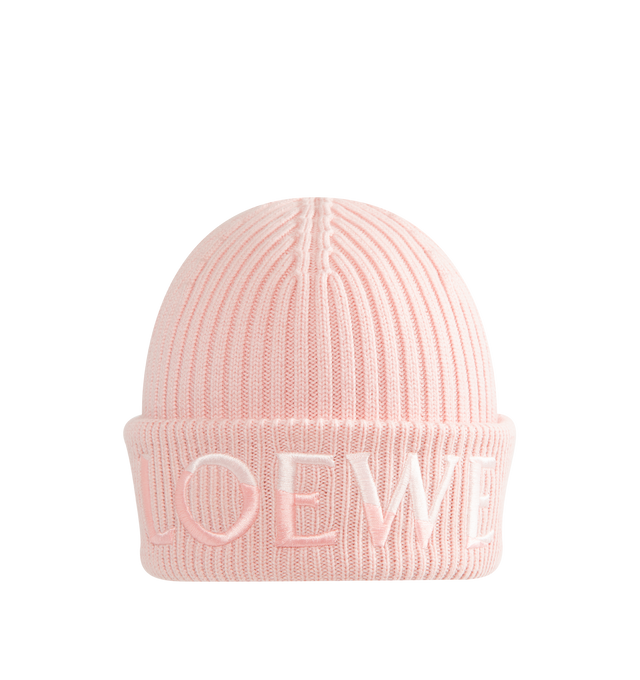 Image 1 of 2 - PINK - Loewe Beanie in Wool is crafted from medium-weight ribbed wool knit and features a classic minimalist silhouette designed for everyday wear. The textured ribbed construction provides warmth and comfort, while the understated design reflects the house's signature approach to refined essentials. Main Material: Wool. Features: medium-weight knit, ribbed construction. Height 26 cm x Width 21.5 cm. 