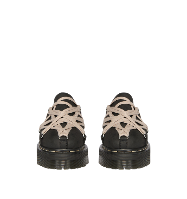 Image 4 of 5 - BLACK - Dr. Martens x Rick Owens FW26 Quad Sole Megalace Mule in Nubuck Leather. These Women's Dr. Martens mules are reimagined by Rick Owens and feature pearl Megalace lacing and palladium-finish hardware, including eyelets and hooks. They are finished with a Quad sole and a yellow and pearl welt stitch. This heavyweight nubuck cow leather has a flat, matte surface finish and an oily handfeel. Material: Upper: 100% Cow Leather; Upper Lining: 100% Cow Leather; Sole: 100% Polyvinyl Chloride. * 