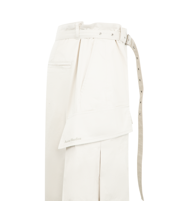 Image 3 of 3 - NEUTRAL - Acne Studios Womens Cargo Trousers are crafted from lightweight cotton twill. Feature a regular fit, mid-rise waist, barrel leg, mid-calf length, matching adjustable belt, side seam pockets, patch pockets with concealed snap closures, folded hems, and embroidered logo. Main Material: 97% Cotton, 3% Elastane. Made with organically grown cotton. Made in Portugal. 