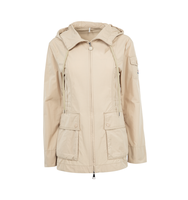 Image 1 of 3 - NEUTRAL - MONCLER Leandro Parka featuring adjustable hood, zipper closure, patch pockets with snap button closure, sleeve pocket and waistband with drawstring fastening. 60% polyester, 40% cotton. 