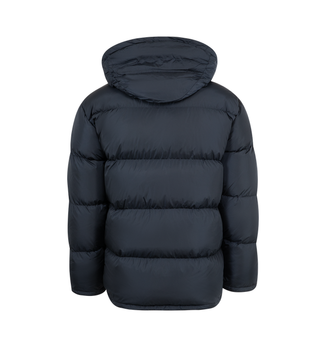 Image 3 of 5 - NAVY - ASPESI Moschino II Jacket featuring down-filled quilted nylon taffeta jacket, stowaway hood at stand collar, zip closure with press-stud placket, flap pockets, textile logo flag at hem, inset rib knit cuffs, elasticized snowskirt at interior, full satin lining and logo-engraved gunmetal-tone hardware. 80% down, 20% feathers. 
