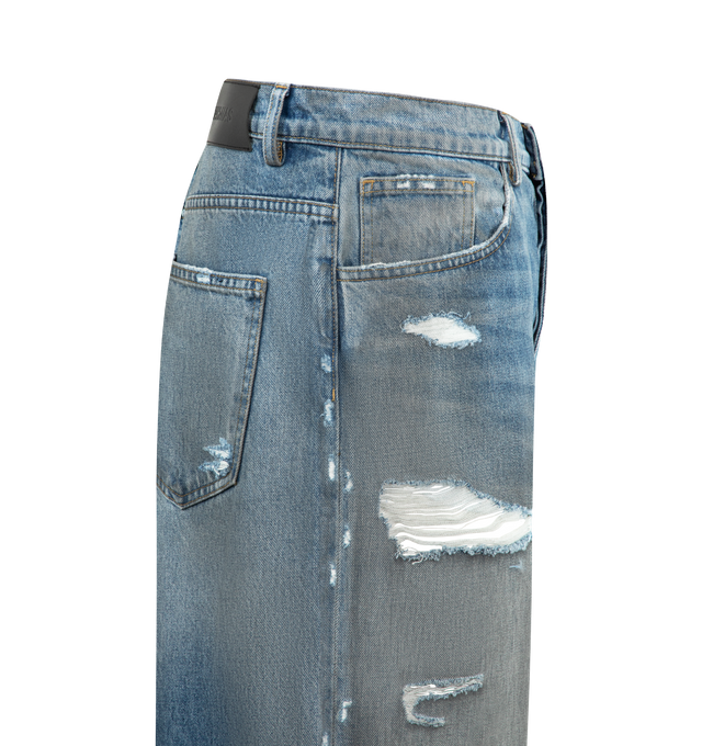 Image 3 of 3 - BLUE - NAHMIAS Dirty Wash Baggy Jeans featuring distressing throughout, loose fit, 5 pocket style and button zip closure. 100% cotton. 