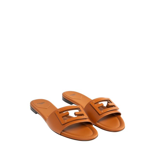 Image 2 of 4 - BROWN - FENDI Baguette Leather Slides featuring wide-band embellished with FF Baguette motif in tone on tone leather. 100% calfskin. Made in Italy. 