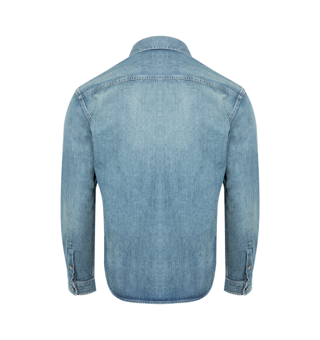 Image 2 of 2 - BLUE - SAINT LAURENT Cassandre Shirt featuring relaxed fit, pointed collar, front buttons and logo enbroidered on chest. 100% cotton. Made in Japan. 