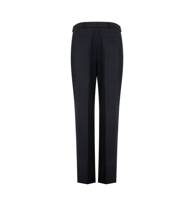 Image 2 of 3 - BLUE - Saint Laurent Mens Tailored Pants are crafted from certified virgin wool. Feature a high-rise waist, slim straight-leg silhouette, concealed hook, button, and zip closure, belt loops, front slash pockets, back welt pockets, and pressed center creases. Main Material: 100% Virgin Wool. Made in Italy. 