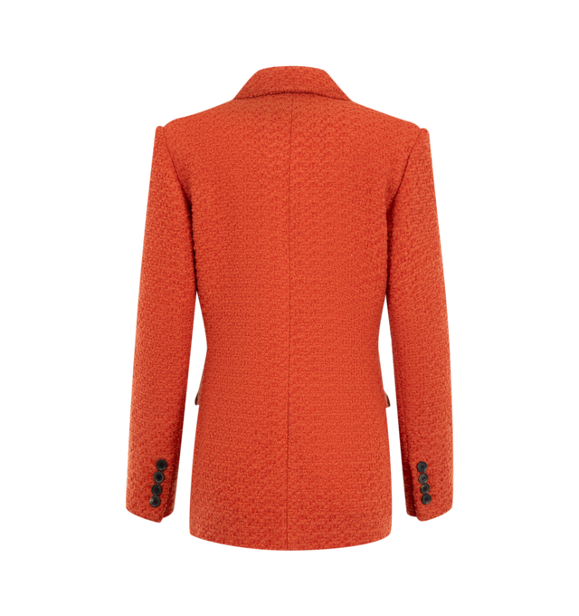 Image 2 of 2 - ORANGE - Saint Laurent Womens Single-Breasted Jacket is crafted from a certified wool blend. Features a single-breasted four-button closure, notched lapels, padded shoulders, four-button cuffs, two buttoned flap chest pockets, two front patch pockets with button flaps, and silk lining. Main Material: Wool, Polyamide; Lining: Silk. Made in Italy. 