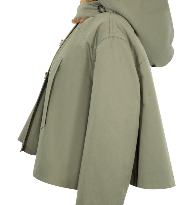 Image 4 of 4 - GREEN - LOEWE Short Parka featuring cropped fit, removable fur lined hood, button front closure, ribbed cuffs and loose fit.  