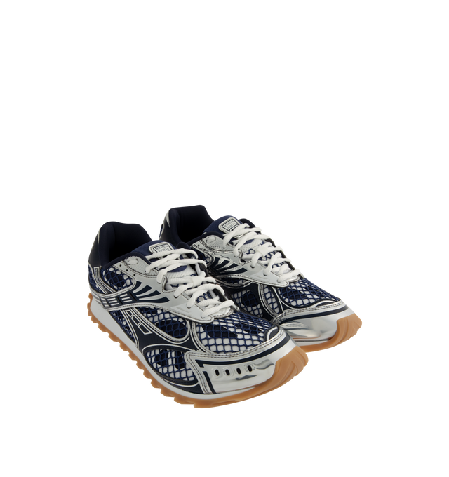 Image 2 of 5 - SILVER - BOTTEGA VENETA Sneakers featuring mechanical textile upper, rubber sole, lace-up front, padded collar and tongue with Bottega Venneta logo detail at tongue. Made in Italy. 