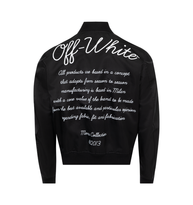 Image 2 of 2 - BLACK - OFF-WHITE NYL Varsity Bomber Jacket featuring ribbed collar, cuffs and hem, button front closure, logo on front and graphic on back. 100% polyamide. Made in Italy. 