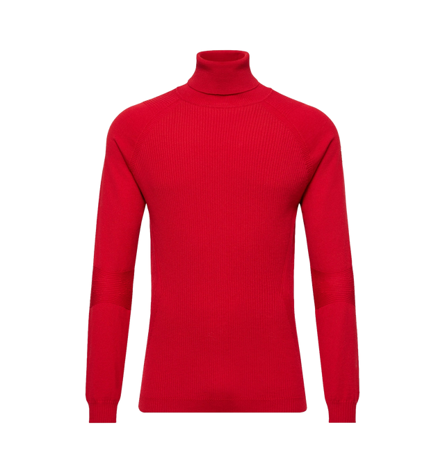 Image 1 of 1 - RED - Moncler Grenoble Men's Wool Blend Turtleneck Sweater is crafted from a lightweight stretch wool blend and features a streamlined silhouette with a classic turtleneck neckline. Designed to provide an extra layer of warmth during outdoor activities and aprs-ski moments alike, this fine-gauge knit offers comfortable stretch for ease of movement while maintaining a refined appearance. Finished with a signature Moncler Grenoble logo patch. Main Material: 95% Virgin Wool, 5% Polyester. Made i 