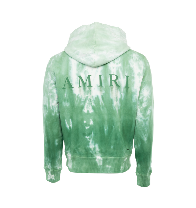 Image 2 of 4 - GREEN - AMIRI MA Logo Dip Dye Hoodie featuring logo at chest and back, classic hood, pouch pocket, long sleeves, banded cuffs and waist and pullover style. 100% cotton. Made in Italy. 