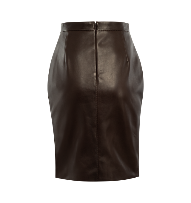 Image 2 of 3 - BROWN - Saint Laurent pencil skirt with overstitched panels, featuring a front slit, concealed pockets, silk lining, concealed back zip closure, two concealed pockets at the side. 100% lambskin. Made in Italy.  