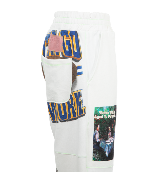 Image 3 of 3 - WHITE - Better With Age Remoir Sweatpants have an elastic waistband, side pockets, printed graphics, a leather brand label, and a back patch pocket.                             