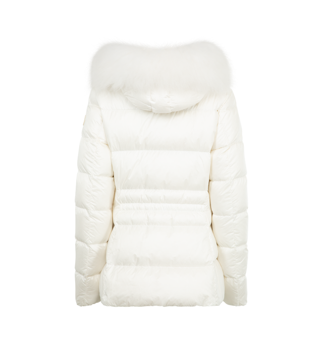 Image 2 of 3 - WHITE - MONCLER Boed Jacket featuring longue saison lining, down-filled, hood with a detachable long-haired sheepskin trim, zipper closure, zipped pockets and elastic belt with snap button closure. 100% polyamide/nylon. Padding: 90% down, 10% feather. 