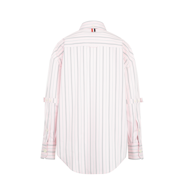Image 2 of 2 - PINK - Thom Browne Womens Shirt is crafted from micro stripe cotton poplin. Features a supersized fit, button-front closure, button-down point collar, patch chest pocket, button-fastening self armbands, buttoned cuffs, pleated back yoke with locker loop, curved hem, name tag appliqu, and signature striped grosgrain loop tab. Main Material: 100% Cotton. Made in Italy. 