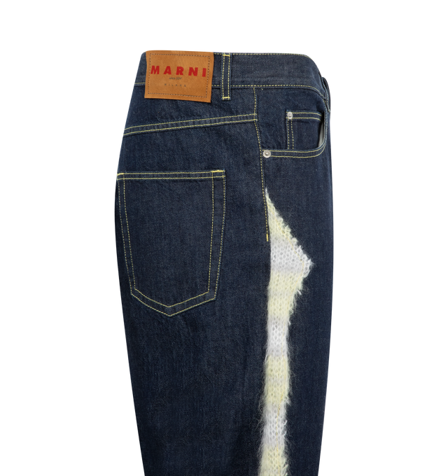 Image 3 of 3 - NAVY - Marni straight-leg 5 pocket jeans with a regulare waist, zip and button closure featuring mohair patchwork applications and leather logo label at the back. 100% cotton denim with 80% Mohair, 20% Polyamide applications. Made in Italy. 