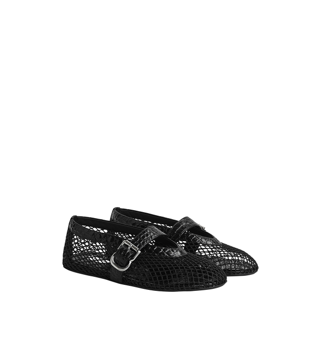 Image 1 of 1 - BLACK - Alaa Women's Fishnet and Crocodile-Embossed Calfskin Ballet Flats feature a black fishnet textile upper with crocodile-embossed calfskin trims, strap, and insole. Inspired by traditional Japanese footwear, the design is finished with an adjustable buckle strap. Upper: 100% Polyamide and 100% Calf Leather. Main Lining: 100% Lamb Leather. Secondary Lining: 100% Calf Leather. Sole: 100% Rubber. Buckle: 100% Zamak. Made in Italy. 
