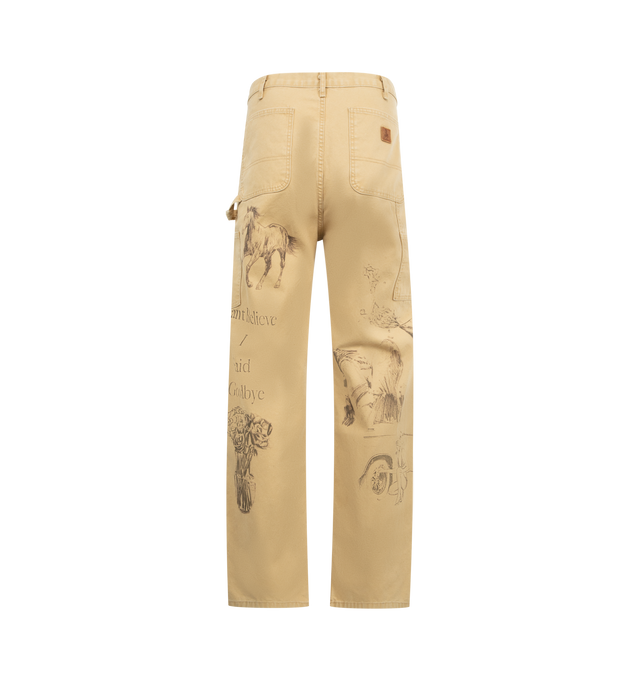 Image 2 of 3 - BROWN - ONE OF THESE DAYS Cotton Graphic Painter Pants featuring cotton-twill painter pants, zip fly with button closure, front slant pockets, back patch pockets, side patch pockets and hammer loop. 100% cotton. 
