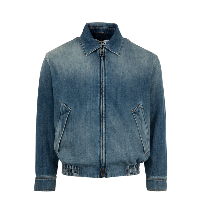 Image 3 of 3 - BLUE - LOEWE Denim Zip Jacket featuring long sleeves with button cuffs, elastic waist, zip front closure, classic collar and slit pockets. Cotton.  