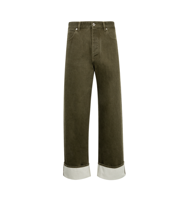 Image 1 of 3 - GREEN - BOTTEGA VENETA Turned Up Jeans featuring wide leg and contrasted turned up hem in coloured stone washed denim, intrecciato suede back patch, removable jumping hare patch on the back pocket and button closure. 100% cotton. Made in Italy. 