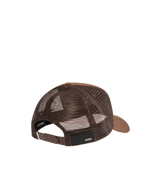 Image 3 of 3 - BROWN - AMIRI MA Trucker Hat featuring pieced mesh construction and a contrast embroidered logo graphic, mesh-paneled back and lined. Cotton/polyester. Made in USA. 