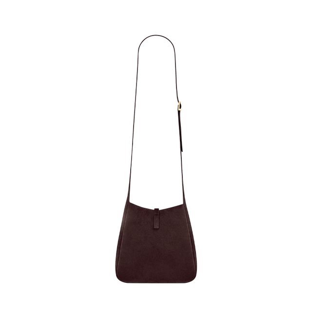 Image 4 of 5 - BROWN - Saint Laurent Women's Le 5  7 Supple Crossbody Bag is crafted from calfskin suede with a tonal suede lining. The spacious silhouette features bronze-tone hardware, a Cassandre hook closure, a removable zip pouch, and an adjustable strap for crossbody carry. Fits a large phone, wallet, sunglasses, and keys. Main Material: Calfskin Leather. Hardware: Brass. Dimensions: 22.5 x 23 x 8.5 cm / 8.9 x 9.1 x 3.3 in. Strap Drop: 50 cm / 19.7 in. Made in Italy. 
