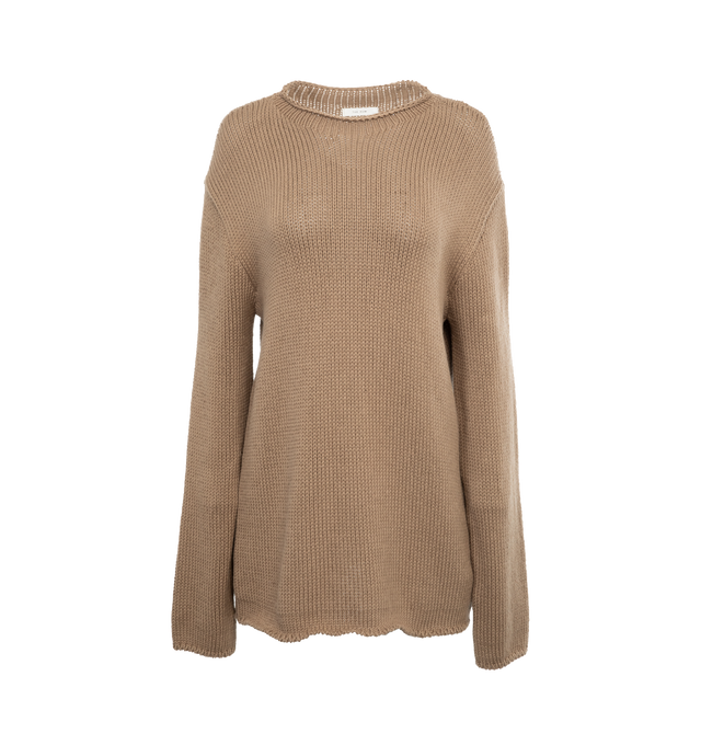 Image 1 of 4 - BROWN - THE ROW Anteo Top featuring drapey crewneck, midweight cotton and cashmere, relaxed fit and rolled-edge finishing at neck, hem, and sleeves. 85% cotton, 15% cashmere. Made in Italy. 