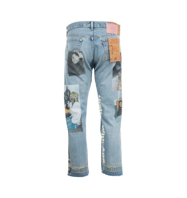 Image 2 of 4 - BLUE - Better With Age Tabloid Denim Pants are 501 style vintage 5-pocket Levi's with branded graphics and a zip fly closure.  