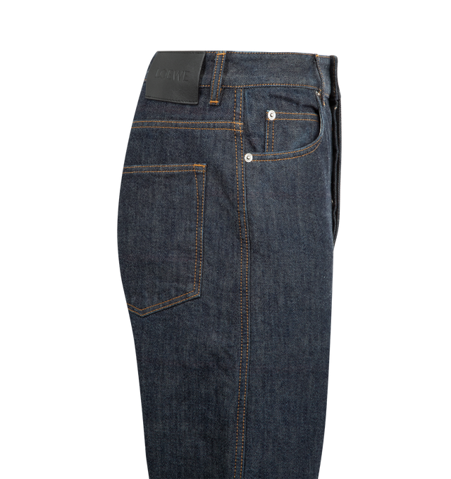 Image 3 of 3 - BLUE - LOEWE Turn-up jeans in medium-weight double face cotton denim featuring a striped brushed cotton lining and turn-up cuffs, relaxed fit, regular length, mid waist, straight leg, concealed button fly, five pocket style and LOEWE embossed leather patch placed at the back. Cotton. Made in Italy. 