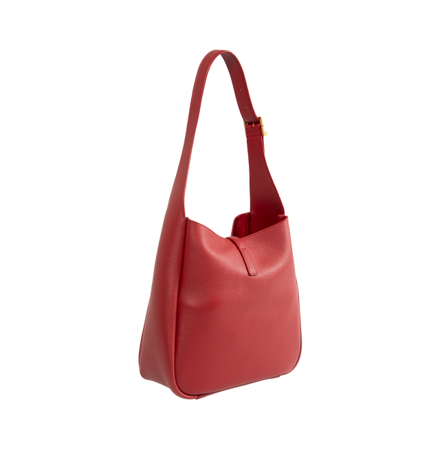 Image 2 of 3 - RED - SAINT LAURENT  Le A 7 soft small shoulder bag has a metal Cassandre hook closure, bronze-tone hardware, and interior zip pocket. Suede lining. 100% calfskin leather. Dimensions: 9 X 8.7 X 3.5 inches.  Made in Italy.  