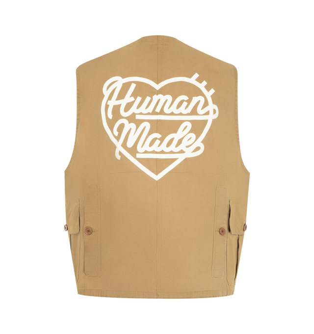 Image 2 of 2 - BROWN - HUMAN MADE Hunting Vest featuring button closure, four front flap pockets, high-density cotton-nylon with a wax coating, iconic heart motif printed on the back, duck name tag above the right chest pocket, drawstring hem, v neck and sleeveless. 75% cotton, 25% nylon.  