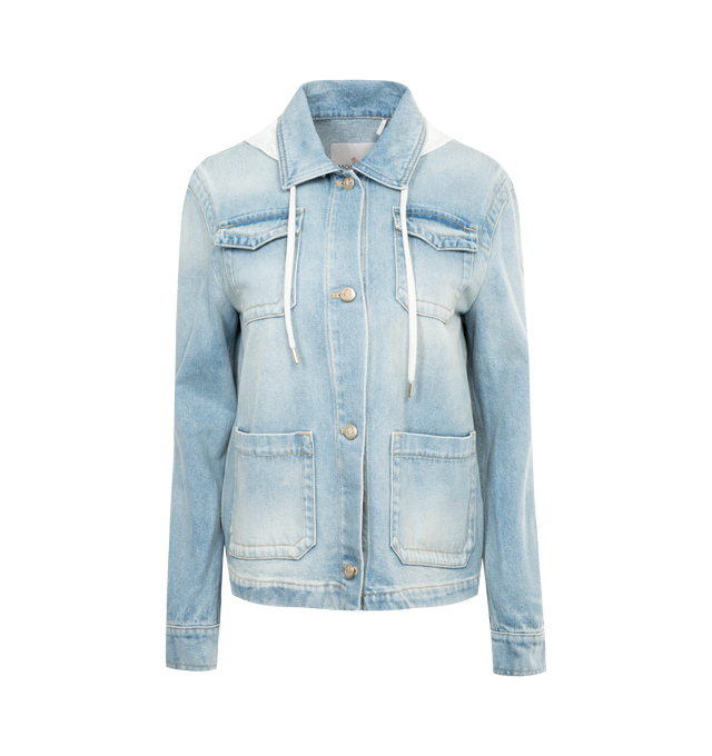 BLUE - MONCLER Melissa Denim Jacket featuring bleached denim, nylon technique back and hood lining, detachable hood, button closure, patch pockets and adjustable cuffs. 100% cotton. Hood: 100% polyamide/nylon.