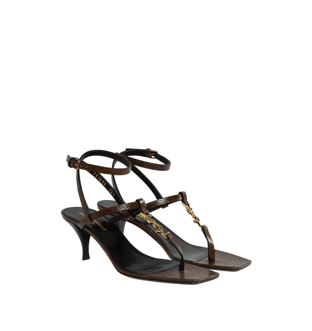 Image 2 of 4 - BROWN - SAINT LAURENT Cassandra Sandal featuring multi strap, square toe, cassandre on front and adjustable ankle strap. 60MM. Leather.  