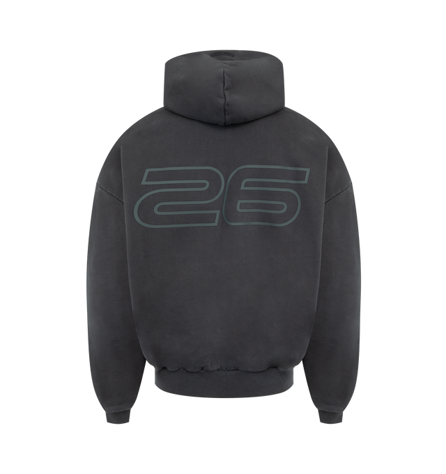 Image 2 of 2 - BLACK - FEAR OF GOD ESSENTIALS Heavy Fleece 90s Hoodie featuring 520gsm heavy fleece treated with a pigment dye, an oversized 90s-inspired silhouette, exaggerated proportions with dropped shoulders for a relaxed drape, HD-printed graphic logo on the front and 26 on the back, kangaroo pocket, rib-knit cuffs, waist-hem and a Fear of God Essentials rubberized label stitched on the hood. 100% cotton. 
