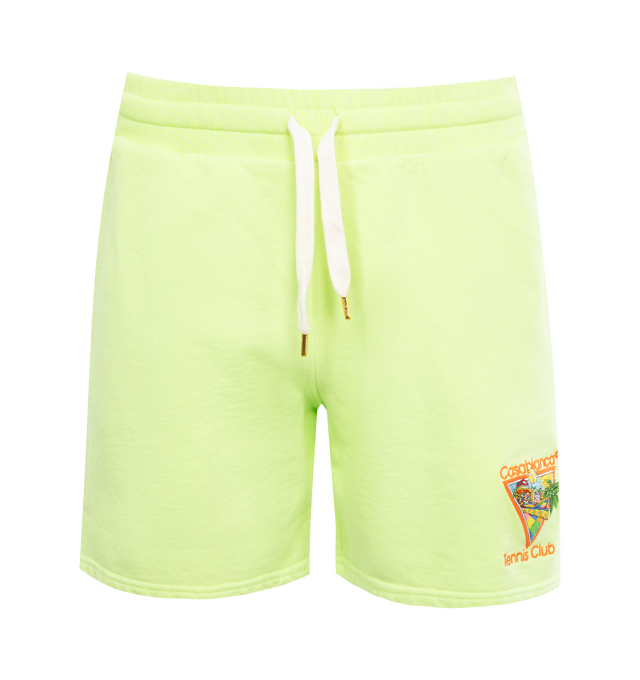 YELLOW - CASABLANCA Afro Cubism Tennis Club Sweat Shorts featuring elastic drawstring waist, front slant pockets, back pocket and logo print on leg. 100% organic cotton.