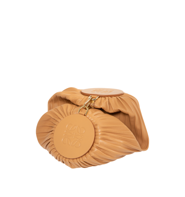 Image 4 of 4 - BROWN - LOEWE Bracelet Pouch in pleated nappa lambskin featuring a tubular bag that converts into a bracelet, finished with embossed plaques on each end, detachable and adjustable strap, zip closure with tonal pull, unlined and engraved Anagram. Pleated nappa. 10 cm x 25 cm x 10 cm. Made in Spain. 